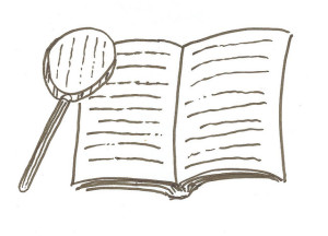 Ilustración dibujada a mano de un libro con lupa.