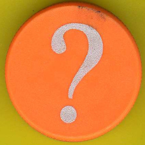 Image of a round orange button with a white question mark, against a yellow background