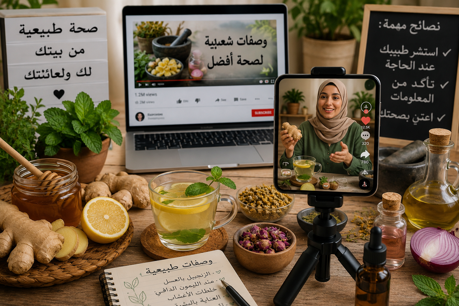 A smartphone and laptop display social media content about traditional herbal remedies, surrounded by herbs, honey, lemon, and natural ingredients representing folk medicine in the Arab world.
