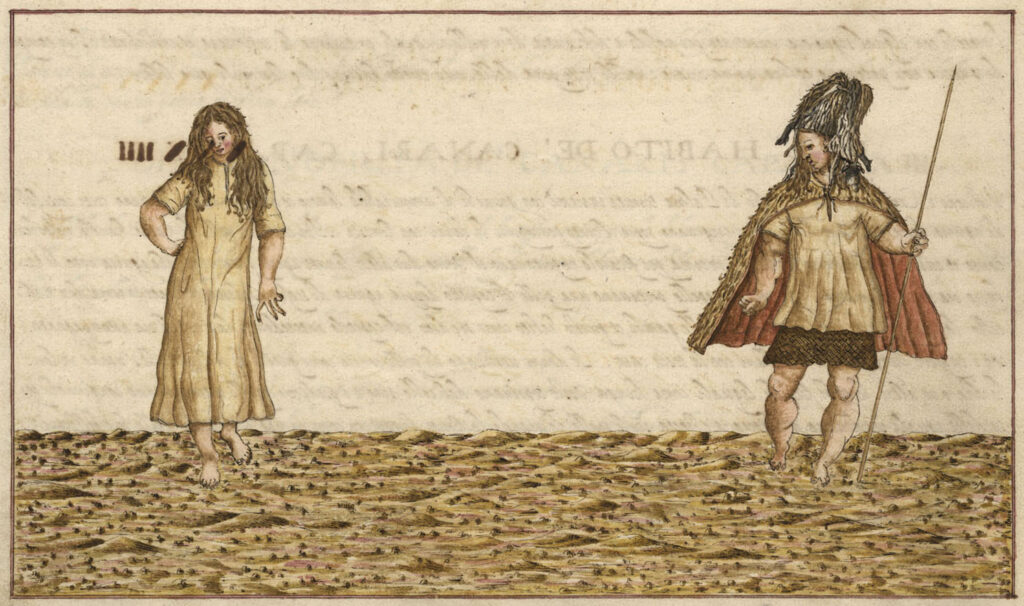 Illustration of Indigenous inhabitants of the Canary Islands referred to as Guanches. The young woman is wearing a simple short shift to her knees and the man is wearing a mid-thigh length skirt, a smock and fur robe. He carries a fishing spear. Both inhabitants are standing on a beach.  &ldquo;Canarios&rdquo; by Leonardo Torriani, 1590. 