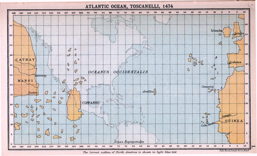 This map of the Atlantic Ocean by Paolo dal Pozzo Toscanelli (1474) shows what Columbus believed the world looked like in brown and what it actually looked like in gray. The word, Cippangu, is written on the map and refers to  Japan, and Cathay, China.