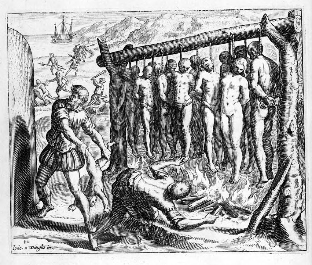 Illustration of Spanish conquistadors&rsquo; atrocities in the conquest of Hispaniola by Flemish artist Theodor de Bry. One soldier prepares to hurl a child against a wall while ten to fifteen others are hung  above flames. In the background soldiers chase and beat other indigenous people. In the background, a ship is moored.