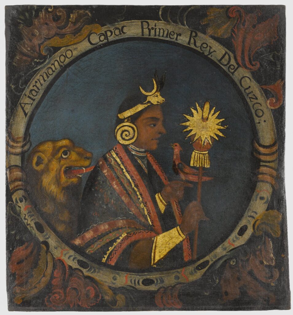 This 18th-century painting depicts Manco C&aacute;pac, who in the early 13th century may have been one of the founders of the Incan Civilization in Cuzco. Manco&rsquo;s crown has a bull at the pinnacle. He wears large gold earrings in a circular pattern. His sceptre is topped with a golden star and just behind him appears to be a lion, perhaps a hint to his royalty. The painting is on a dark green background with red flourishes.