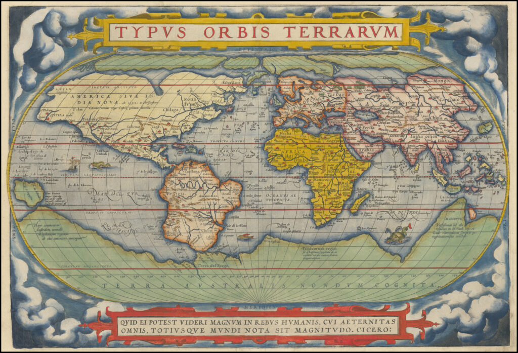The first modern atlas, called the Theatrum Orbis Terrarum by Dutch Cartographer Abraham Ortellus, 1572. The continents are labeled in Latin, with distorted and inaccurate shapes reflecting early geographic knowledge. Africa is prominently centered and colored yellow, Europe and Asia are pink, and the Americas are orange. The oceans are labeled, and artistic clouds and sea monsters decorate the map's border. 