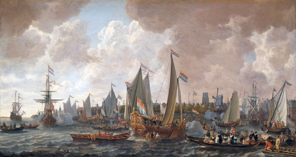 England found itself in crisis after the death of Oliver Cromwell in 1658, leading in time to the reestablishment of the monarchy. On his thirtieth birthday (May 29, 1660), Charles II sailed from the Netherlands to his restoration after nine years in exile. He was received in London with great acclaim, as depicted in this contemporary painting. Lieve Verschuler, The Arrival of King Charles II of England in Rotterdam, 24 May 1660. c. 1660&ndash;1665.