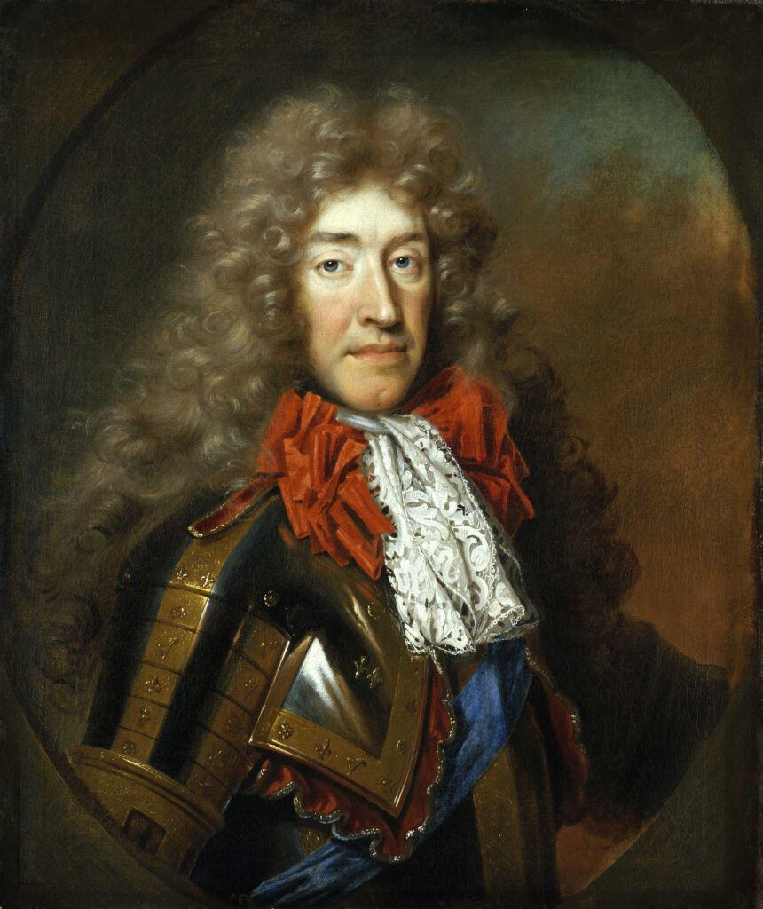 James II, 1633- 1701, wearing gold-embossed armor and red silk bows. This portrait dates to his accession to the throne of Great Britain and Ireland in 1685. 