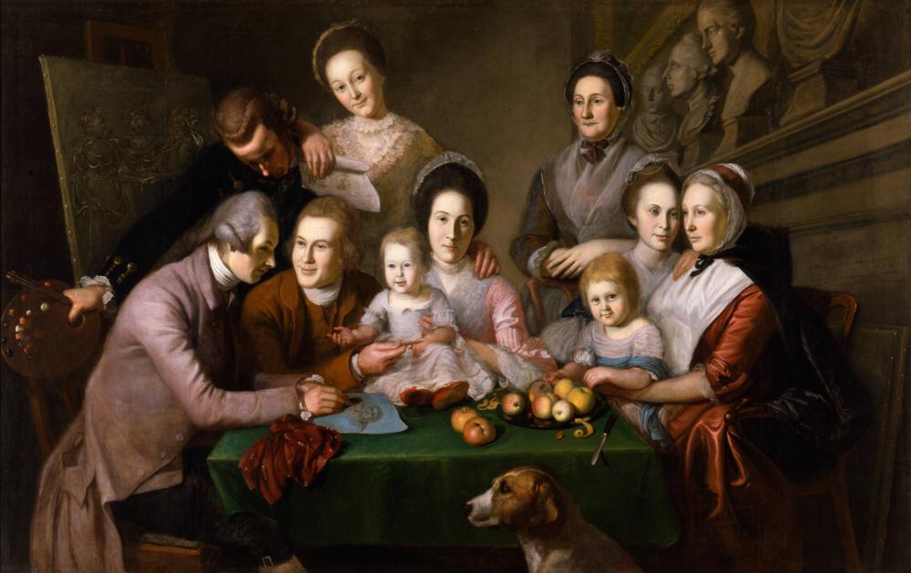 Charles Willson Peale and the Peale Family, c. 1771&ndash;1773. Collection of the New-York Historical Society, object #1867.298. This family portrait shows a well-dressed colonial American family gathered around a green table with fruit. The scene includes multiple generations - men, women, and children in period clothing - with a dog at their feet and classical architectural elements in the background.