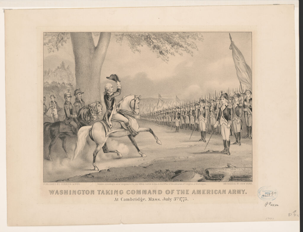 In the center of the image, George Washington sits atop a white horse tilting his tricorne to a crowd of soldiers that make up the Continental Army. Behind General Washington are several other men on darker colored horses, presumably other commanders in the Continental Army. On the right side of the image one of the soldiers is holding up a grand union flag.