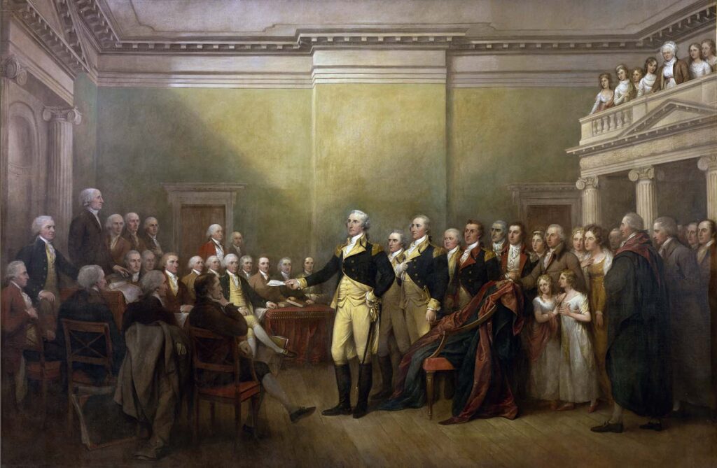 The paint depicts a scene in the Old Senate Chamber of the Maryland State House in Annapolis on December 23, 1783. George Washington stands in the center of the chamber in full military uniform as he addresses the Continental Congress. Standing directly behind General Washington are his two aides-de-camp&mdash;Benjamin Walker and David Humphreys. Also standing behind Washington are several other officers of the Continental Army, along with Maryland delegate Charles Carroll with his two daughters. Standing in the chamber gallery above Washington&rsquo;s head are Washington&rsquo;s wife, Martha, and their grandchildren.