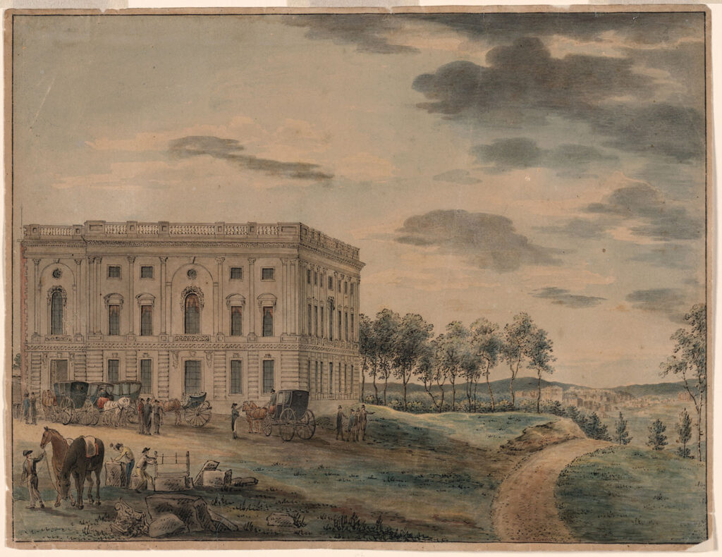 This painting depicts the newly opened U.S. Capitol building in Washington, D.C. in 1800. In front of the Capitol building are several horsedrawn carriages surrounded by elected officials engaging in conversation and looking at the grounds around the building. In the bottom left corner of the painting two men are working with tools on a construction project, while another man walks two horses, pulling them by the reins. On the right side of the painting, off in the distance behind the Capitol building, beyond a tree line, is the city of Washington, D.C.