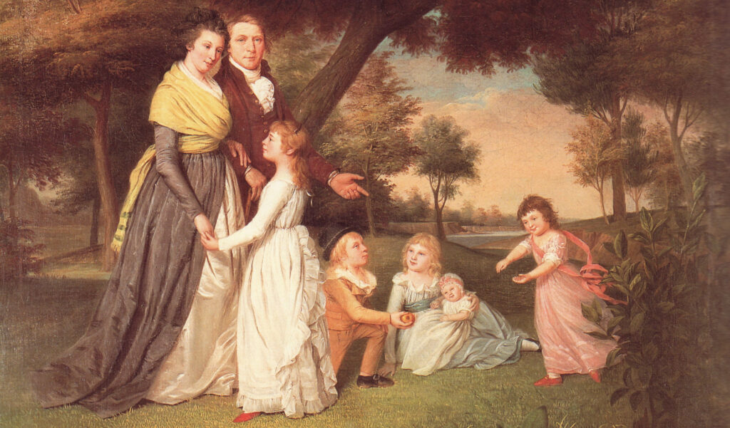 The painting depicts a late eighteenth century American family. A husband and wife stand next to their five children in a wooded area near a river. They are all dressed in formal attire for the time period. The eldest child is standing near her parents, holding hands with her mother. The only son is kneeling and holding a piece a fruit. One of the daughters is seated on the grass holding the youngest, infant daughter in her arms. The fifth child in the scene is on the right side of the rest of the family, running across the grass.