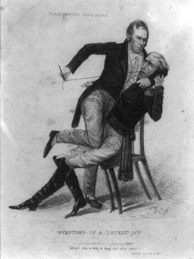 This political cartoon depicts Henry Clay restraining a seated, uniformed Andrew Jackson and sewing up his mouth shut. At the top of the artwork, above Clay&rsquo;s head, there is text that reads, &ldquo;plain sewing done here.&rdquo; At the bottom of the artwork is the title of the piece&mdash;Symptoms of a Locked Jaw&mdash;and underneath that is a quote from Shakespeare&rsquo;s Hamlet that reads, &ldquo;Might stop a hole, or keep the wind away.&rdquo;