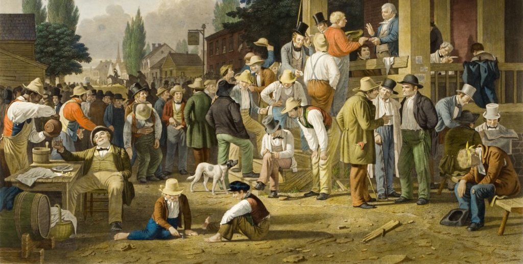 A large group of citizens gathers to place their votes in an election. Campaigning politicians anxiously press their party tickets toward individuals. One of the newest citizens, an Irish immigrant, is taking an oath that he had not voted elsewhere, just as one of the oldest, a Revolutionary War &ldquo;76-er&rdquo; veteran, is descending the steps. Merchants in top hats discuss the issues with laborers in shirtsleeves, an example of the rational exchange that sustains democracy. Other individuals present a less responsible and informed perspective. One drunken citizen, unable to stand, is nonetheless dragged to cast a vote. Another sits on a bench to steady his head, his clarity evidently lost in a brawl. Two boys on the ground play mumblety peg, a knife game that progressively increases in risk.