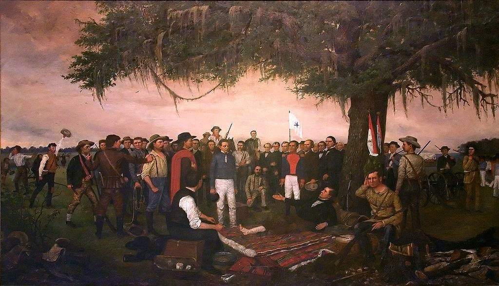 This painting depicts Santa Anna surrendering to Sam Houston following the Battle of San Jacinto in 1836. And injured Sam Houston sits on a blanket under a tree with his right leg bandaged. He is extending his hand up toward Santa Anna who is standing over Houston, to accept Santa Anna&rsquo;s surrender. One of Santa Anna&rsquo;s officers stands near him. Crowded around these three men is a crowd of Texas soldiers, watching carefully. Raised high behind the line of soldiers is a white flag with a star in the middle, meant to represent Texas&rsquo; &ldquo;Come and Take it&rdquo; flag, a symbol of the Texas Revolution.