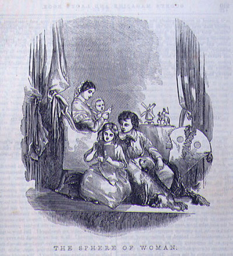 This artwork depicts an 18th century American woman as she sits in a chair holding a baby. On the floor beside the chair sit two younger girls reading a book together. Next to the younger girls is a dog, who is also sitting on the floor, looking up at the girls. Across the bottom of the artwork the title of the piece reads: The Sphere of Woman.
