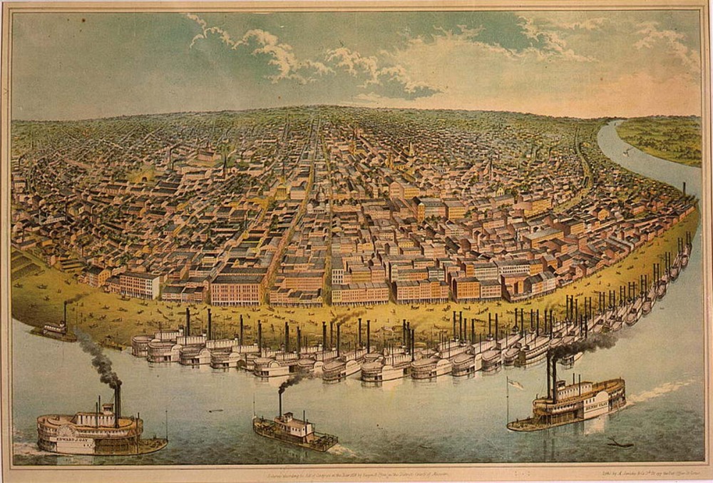 This painting depicts a birds-eye view of the city of St. Louis as it appeared from above the Mississippi River in 1859 includes steamboats in the harbor.