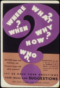 Imagen de un anuncio de una revista, con un gran signo de interrogación púrpura que contiene las preguntas Dónde, Cuándo, Qué, Por qué, Cómo y Quién