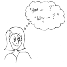 Cartoon drawing of a woman with a thought bubble reading "How...? Why...?"