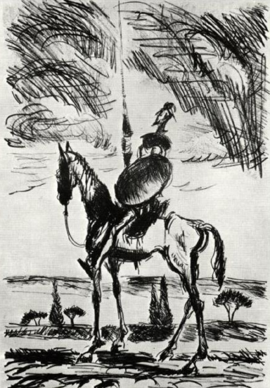 Black and white sketch of Don Quijote de la Mancha
