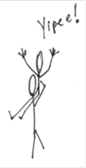 Cartoon drawing of one stick figure giving a piggyback ride to another, with the caption "Yipee!"