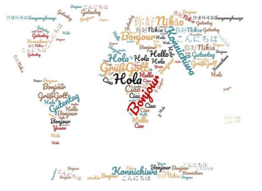 Picture of the world map with the word hello translated into multiple languages