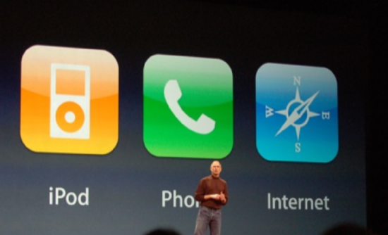 Picture of Steve Jobs and on the background images of the iPod, phone, and Internet icons