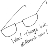 Dibujo de dibujos animados de un par de gafas, con la leyenda “¡Guau! ¡Las cosas se ven diferentes ahora!”