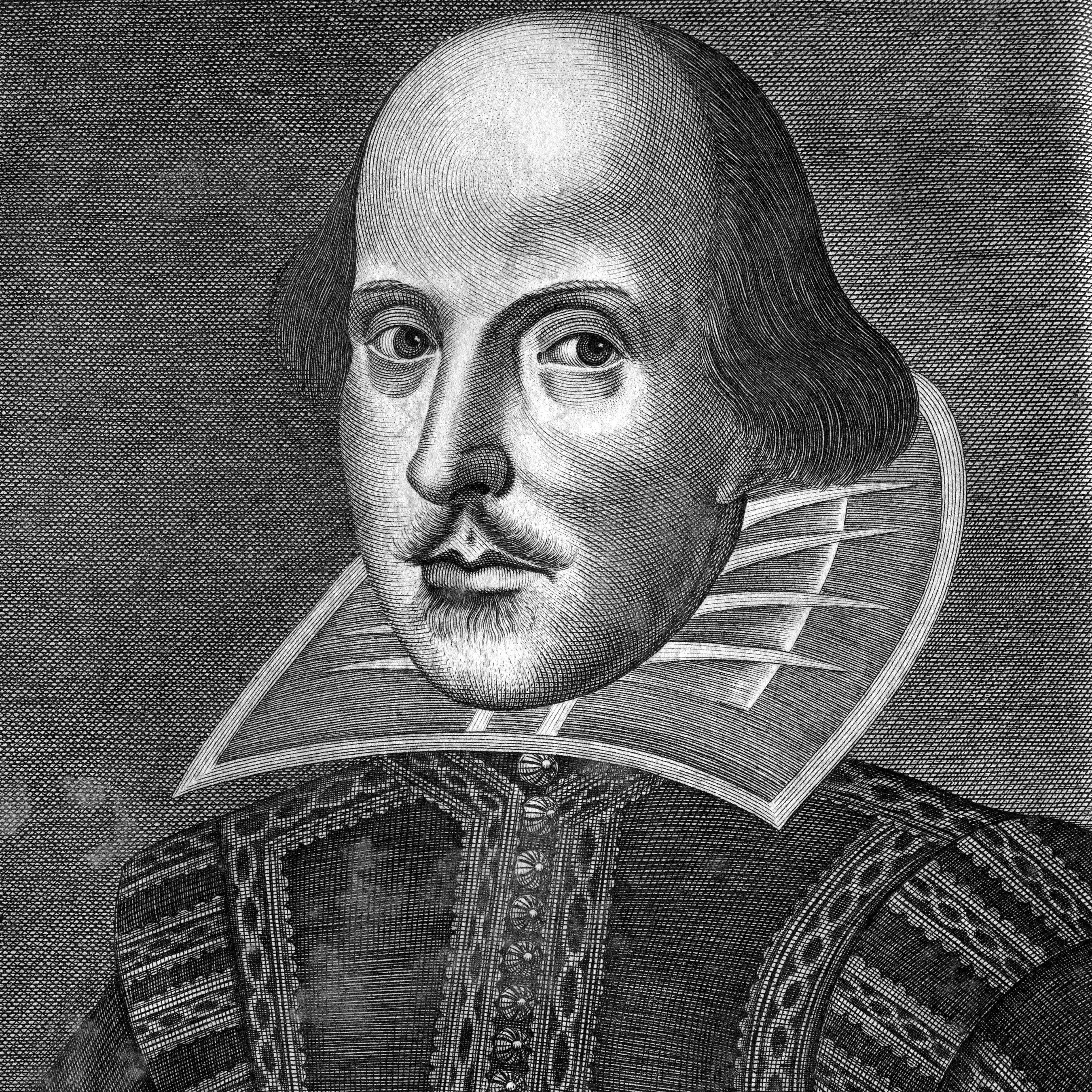 black and white engraving of William Shakespeare wearing Elizabethan frocked collar 