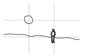 A 3x3 grid appears in light gray font in the background. On top of this, a drawing of a man, a horizon line, and a sun appear. The sun is centered in the crosspoint of the top left corner of the grid. The horizon line roughly follows the bottom third line of the grid, and the human figure appears on the right vertical line of the grid, over the horizon line.