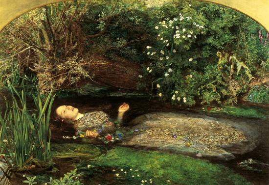 Ophelia sinks into the river with flowers in her hands, surrounded by greenery