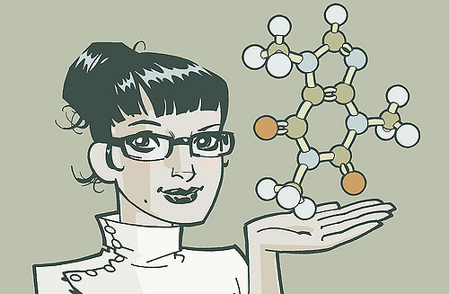 Drawing of a woman holding a molecule model on her palm