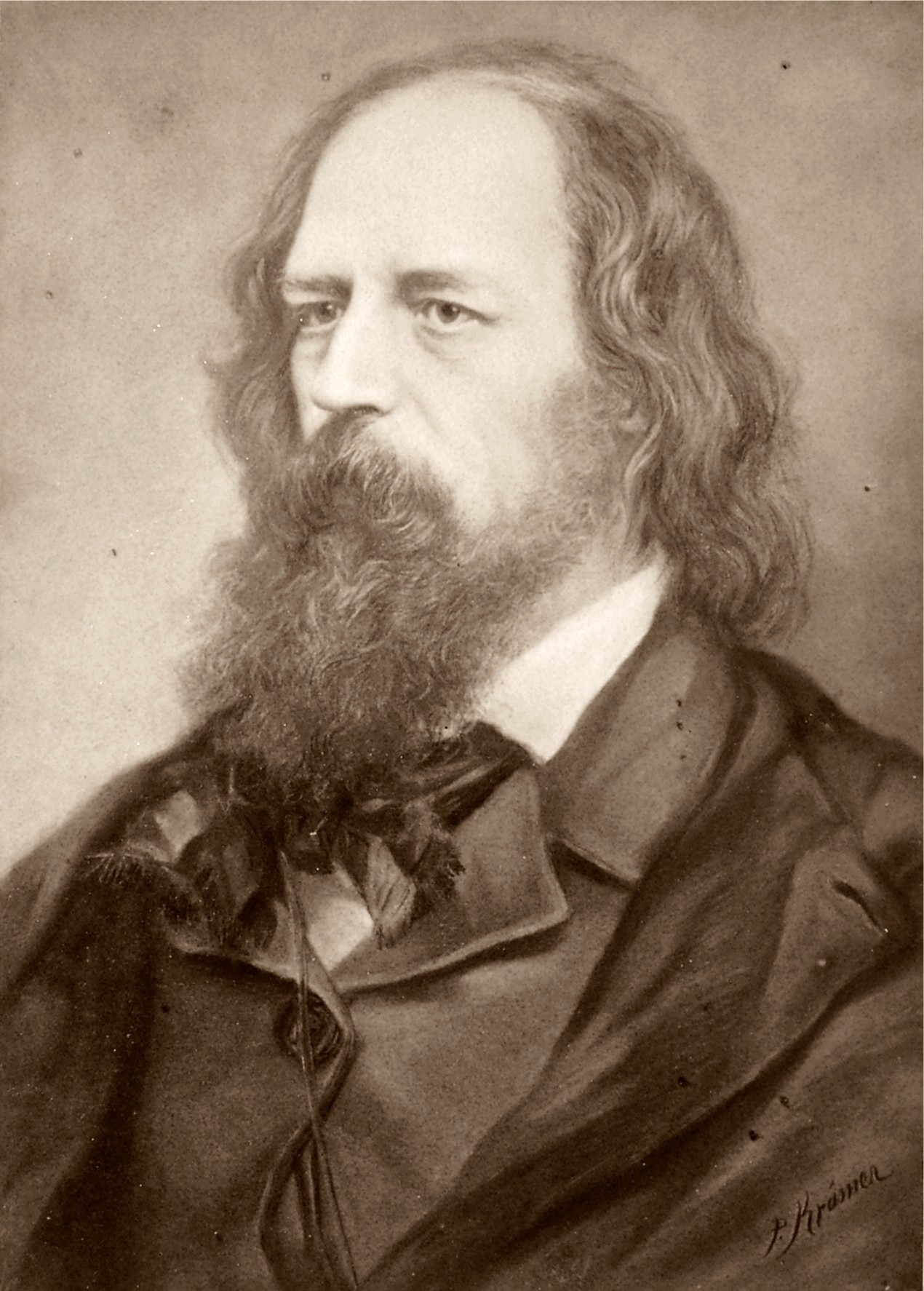 fotografía en blanco y negro de Alfred Lord Tennyson con barba rasgada y cabeza tenue y calva mirando hacia la izquierda