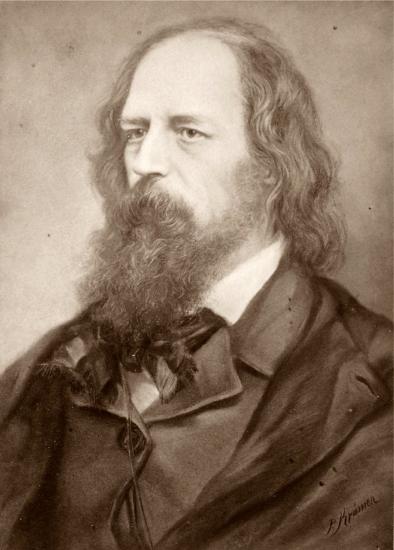 black and white photograph of Alfred Lord Tennyson with a scraggly beard and wispy balding head gazing off to the left
