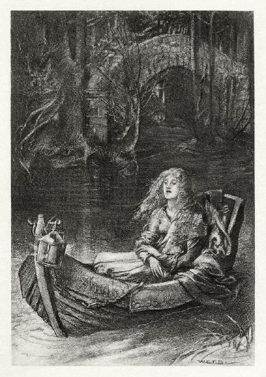 a black and white illustration of a woman in a large wooden canoe rowing down a dark waterway: a lantern at the prow of the boat lights her way
