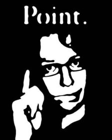Graphic of a person wearing glasses in high relief, with one finger of one hand up in the air. The title above the head is "Point."