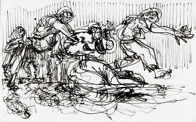 Pen and ink gesture drawing of figures progressing from left to right across the page