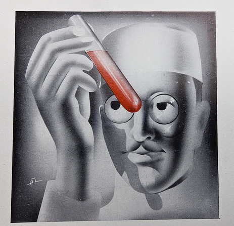 Painting in black and white of a man in white cap holding a test tube filled with red liquid