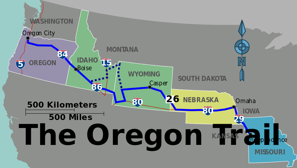 El mapa destaca los estados actuales que contienen partes del Oregon Trail, así como las carreteras interestatales actuales que siguen la ruta.