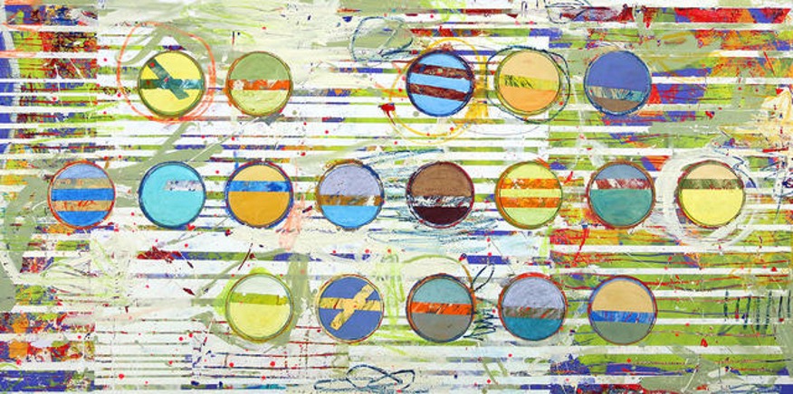 Une peinture abstraite composée de cercles colorés sur un fond ligné multicolore.