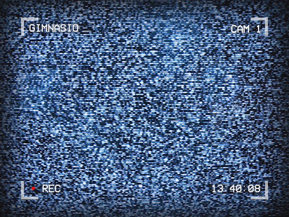 Image of TV static. Text around the edges reads: Gimnasio, Cam 1, 13:40:08. A red dot shows that the camera is recording.