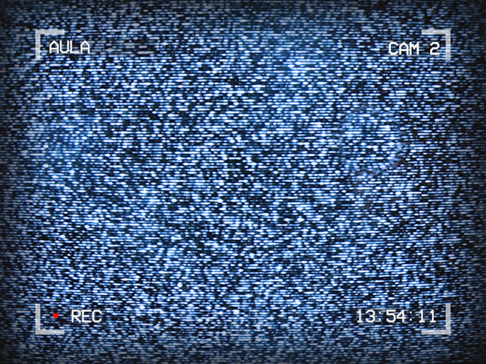 Image of TV static. Text around the outside reads: Aula, Cam 2, 13:54:11, with a red dot for recording.