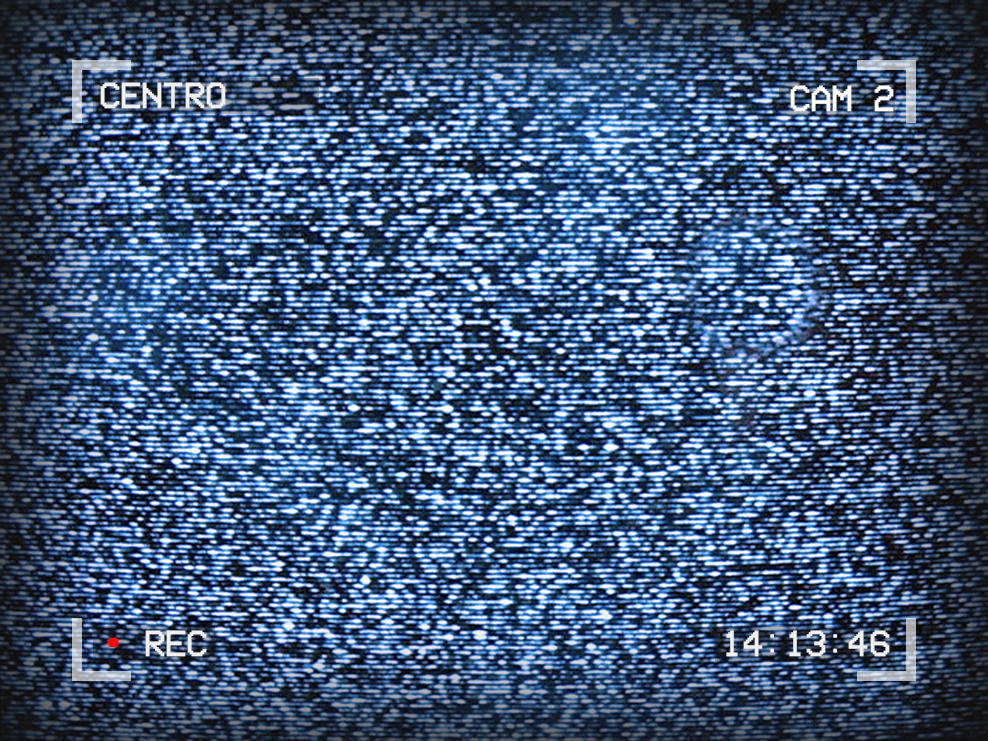 Image of TV static. Text around the outside of the image reads: Centro, Cam 2, 14:13:46, Recording