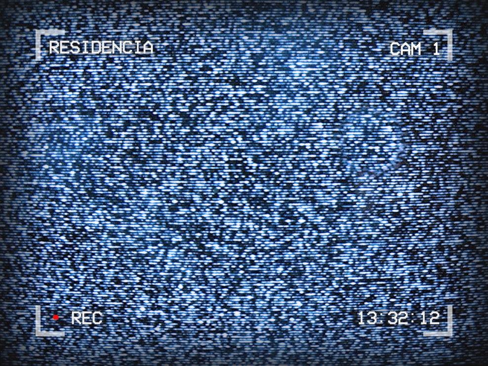 Image of TV static. Text around the outside reads: Residencia, Cam 1, 13:32:12, Recording