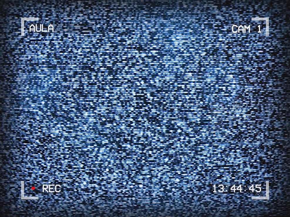 Image of TV static. Text around the outside reads: Aula, Cam 1, 13:44:45, Recording