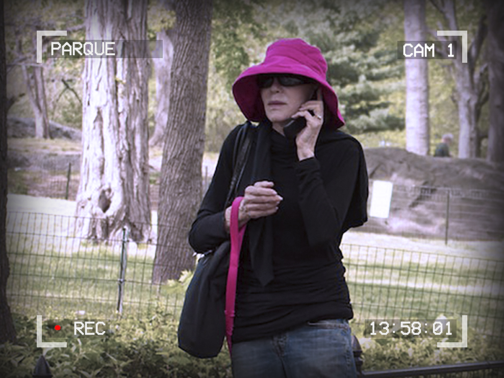 Photo of a woman talking on a cellphone. She is holding a leash in her hand. Text around the outside reads: Parque, Cam 1, 13:58:01, Recording