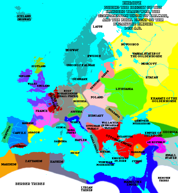 Europa durante el apogeo de la guerra de los cien años, la unión escandinava de Kalmar, y la decadencia final del Imperio Bizantino.