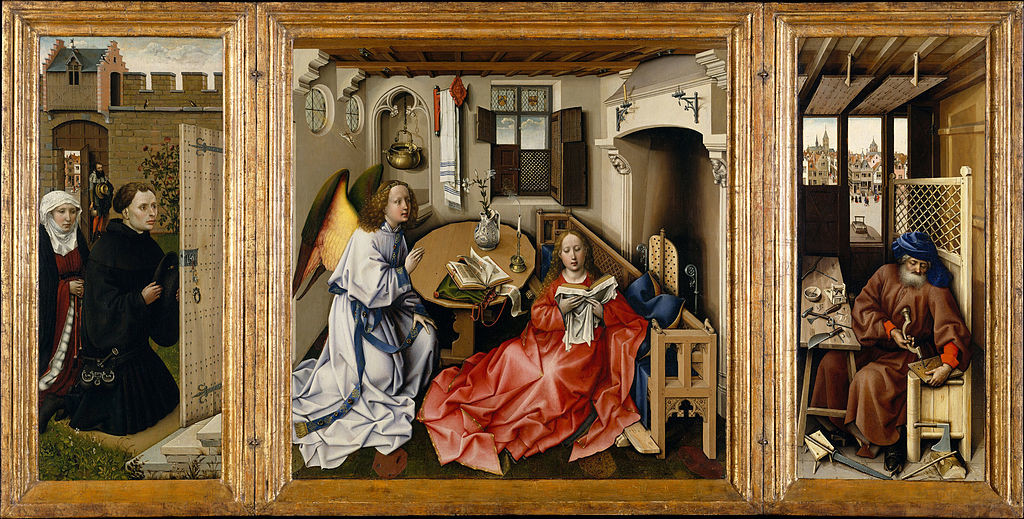 Un retablo tríptico con Donantes a la izquierda, la anunciación en el centro, y san José a la izquierda.
