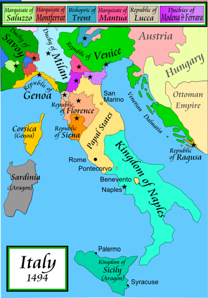 Un mapa de lo que hoy es Italia. Está conformada por varios estados entre ellos el Reino de Nápoles, los Estados Pontificios, La República de Florencia y el ducado de Milán.