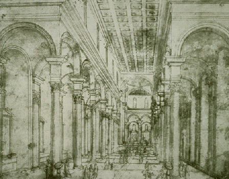 A sketch of the prospective church's interior. The drawing is completely based around linear perspective.