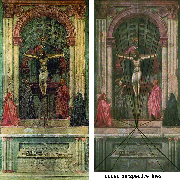 El mismo cuadro se muestra dos veces, lado a lado. La primera instancia es la original, la segunda tiene líneas de perspectiva superpuestas sobre ella para mostrar cómo se está utilizando la perspectiva lineal en la composición de la pintura.